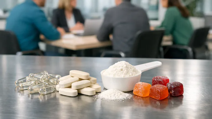 Assorted supplement formats—capsules, tablets, powder scoop, and gummy pieces—set on stainless production surface