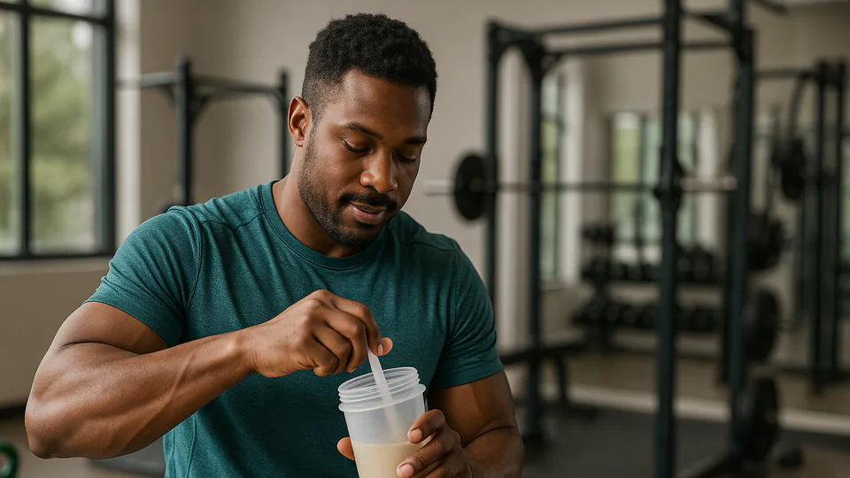Athlete mixing supplement powder in a shaker at a modern gym under bright professional lighting