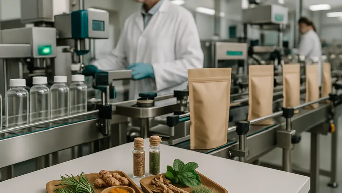 Automated supplement packaging line with bottles and pouches moving through quality checkpoints