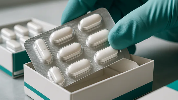 Blister strips of tablets being packed into printed cartons for retail distribution