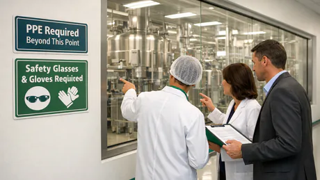 Bright, modern supplement manufacturing corridor with PPE signage, clean floors, and stainless equipment visible through glass
