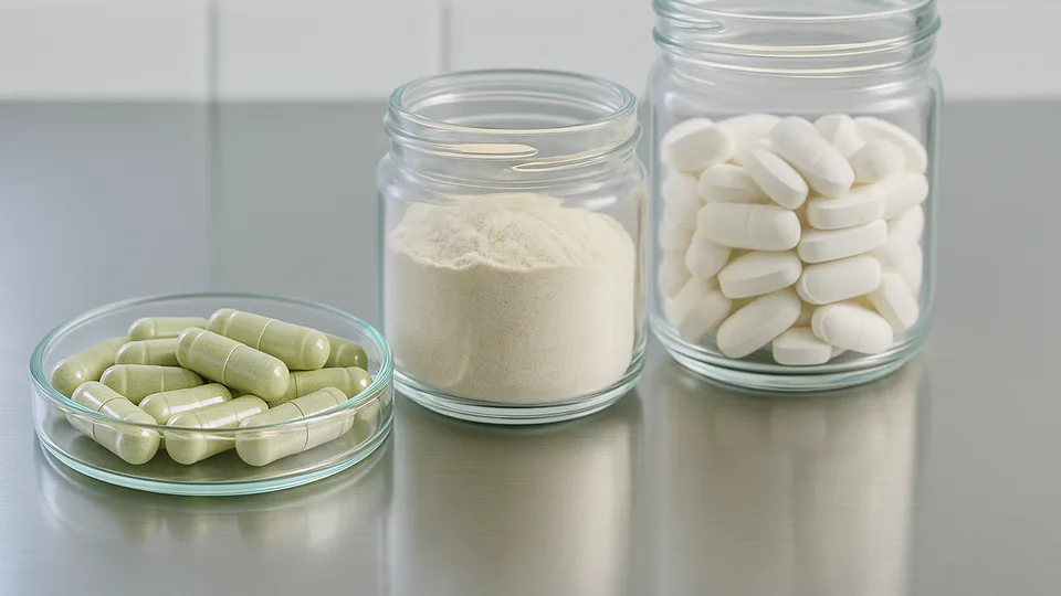 Close-up of supplement capsules, tablets, and powder in clear glass containers on a stainless steel surface.