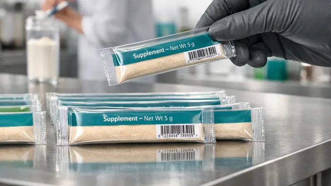 Close-up of stick packs in branded film with precise seals and uniform fill weights for retail-ready packaging