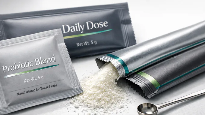 Close-up of supplement sachets and stick packs arranged with custom printed finishes and easy-tear notches