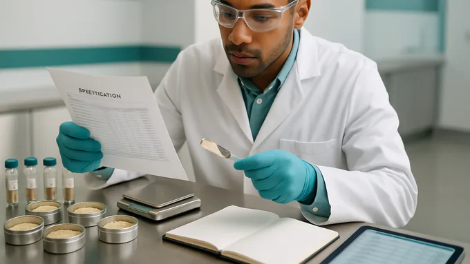 Formulation scientist comparing specification sheets with trial blend samples on a stainless table
