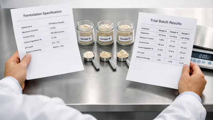 Formulation scientist comparing specification sheets with trial blend samples on a stainless table