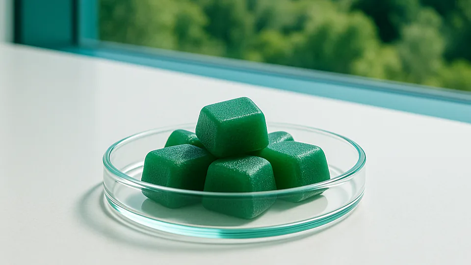 Green supplement gummies in a glass petri dish on a white lab surface with blurred greenery outside a cleanroom window