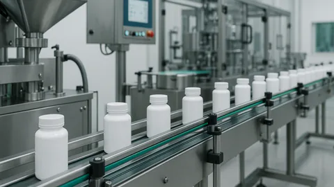 Modern supplement packaging line with white bottles moving along a stainless steel conveyor in a clean FDA-compliant facility.