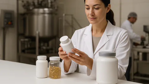 Worker in protective gear performing a quality control check on capsule bottles inside a modern supplement manufacturing facility