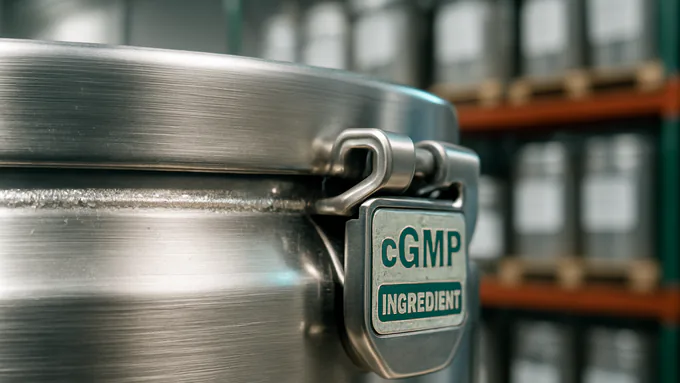 Organized cGMP warehouse aisle with labeled ingredient drums and teal accent lighting