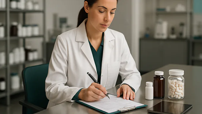 Professional woman in a lab coat reviewing quality control documentation with a clipboard in a supplement manufacturing office
