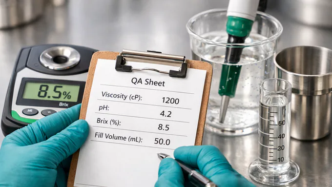 QA reviewing viscosity, pH, BRIX, and fill volume records for a pilot liquid batch prior to release