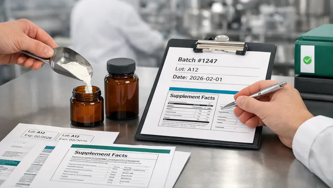 Quality manager reviewing label proofs and batch documentation prior to release