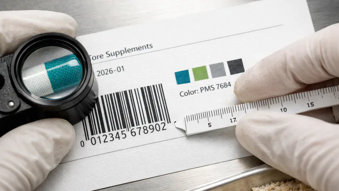 Quality team reviewing supplement carton proofs, checking barcode placement and color accuracy before print approval