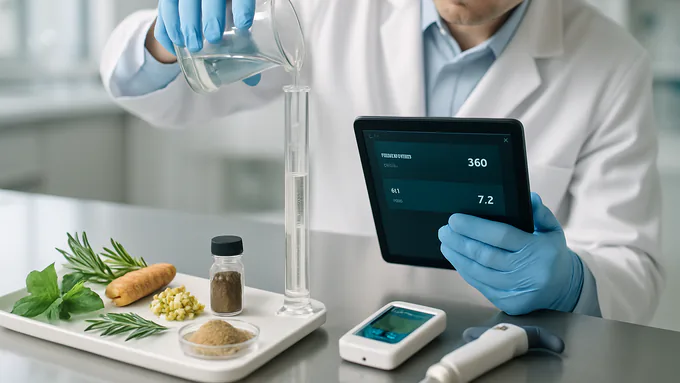 R&D technologist pouring a clear liquid supplement from a beaker, documenting viscosity and pH for scale-up