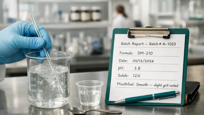 R&D specialist evaluating solubility and mouthfeel of a new drink mix powder in a beaker with detailed batch documentation
