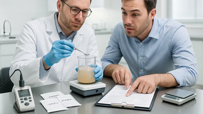 R&D specialist evaluating solubility and mouthfeel of a new drink mix powder in a beaker with detailed batch documentation