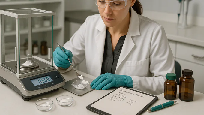 R&D specialist measuring powdered actives and documenting a new supplement formula at a clean lab bench
