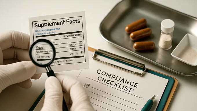 Regulatory specialist reviewing a printed Supplement Facts label against a compliance checklist at a clean workstation