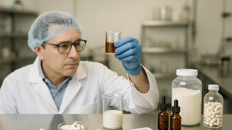 Scientist in research and development lab testing supplement flavors with powders, capsules, and gummies on a stainless steel counter