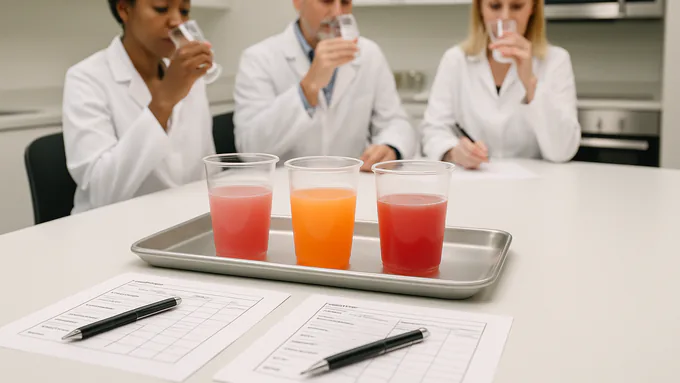 Sensory panel scoring flavored powder drink prototypes in clear cups using standardized scorecards