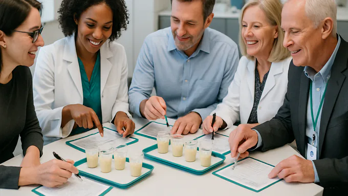 Sensory panel scoring flavored powder drink prototypes in clear cups using standardized scorecards