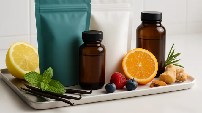 Shelf-ready supplement pouches and bottles with citrus slices, berries, and vanilla pods as flavor cues