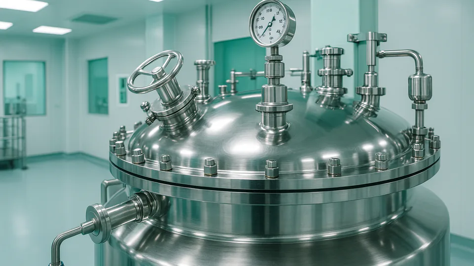Closeup of a large stainless steel supplement mixing tank with gauges and valves inside a sterile cleanroom facility