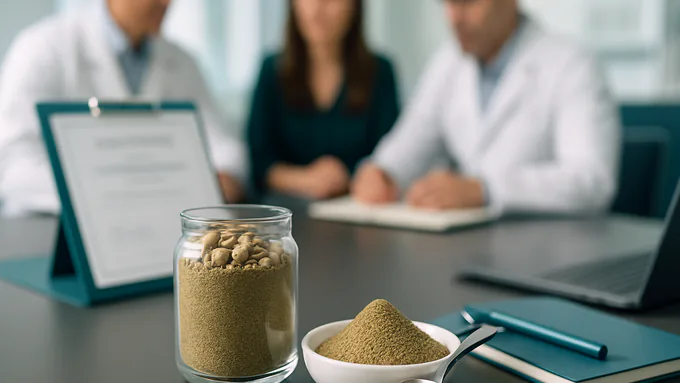 Standardized botanical granules with blurred certificate pages in the background