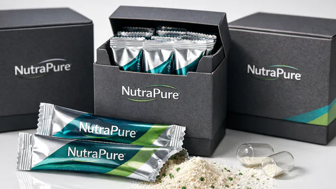 Stick packs displayed with custom cartons and printed foil films for retail presentation