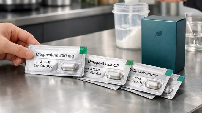 Supplement blister cards with crisp typography, clear lot codes, and tamper-evident packaging on a clean bench