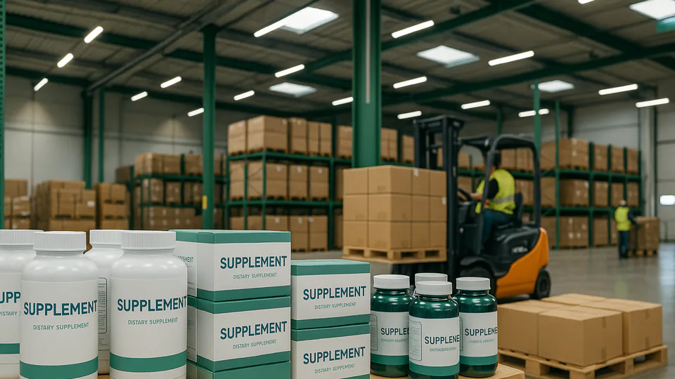 Clean warehouse with pallets of supplement products and a forklift moving boxes during fulfillment