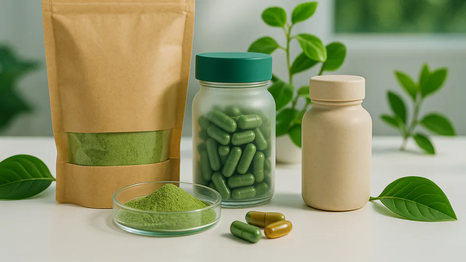 Eco-friendly supplement packaging including a kraft pouch with green powder, a frosted glass jar with capsules, and a biodegradable bottle with softgels surrounded by green leaves