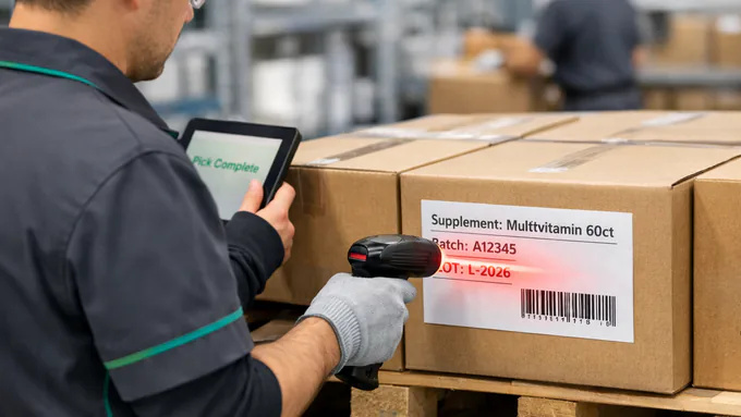 Warehouse associate scanning a labeled carton on a pallet and confirming pick completion on a handheld device