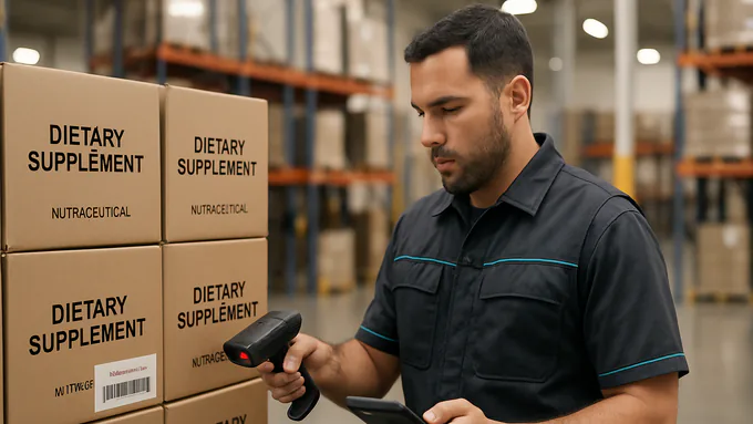 Warehouse associate scanning a labeled carton on a pallet and confirming pick completion on a handheld device