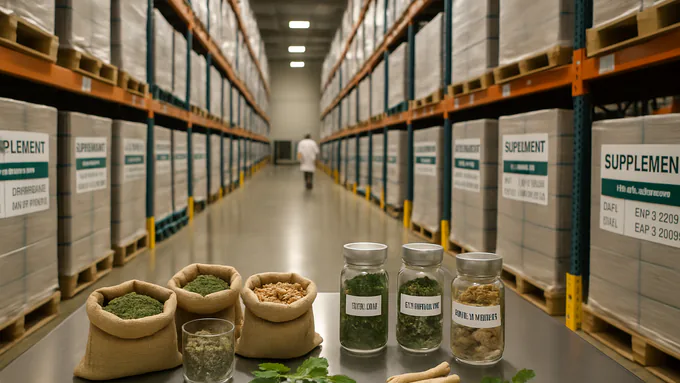 Warehouse racks with shrink-wrapped supplement cases labeled by lot and expiration for traceability