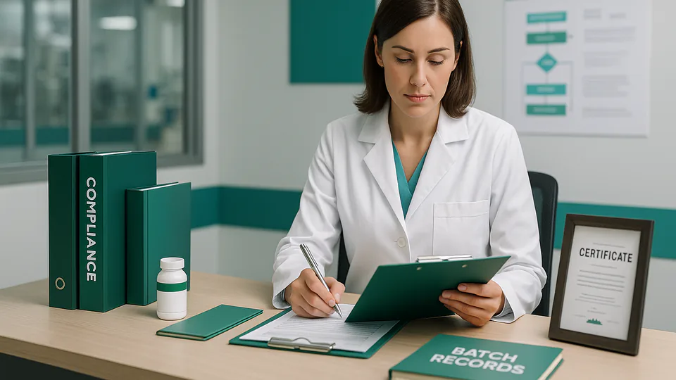 Professional woman in a lab coat reviewing quality control documentation with a clipboard in a supplement manufacturing office